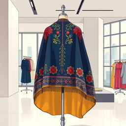 A detailed illustration of a capa, a traditional cloak from Iberian fashion, elegantly draped over a mannequin in a fashion showroom