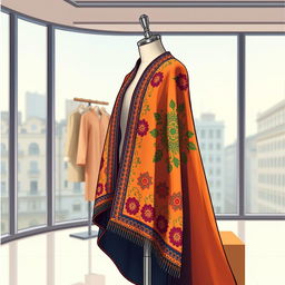 A detailed illustration of a capa, a traditional cloak from Iberian fashion, elegantly draped over a mannequin in a fashion showroom