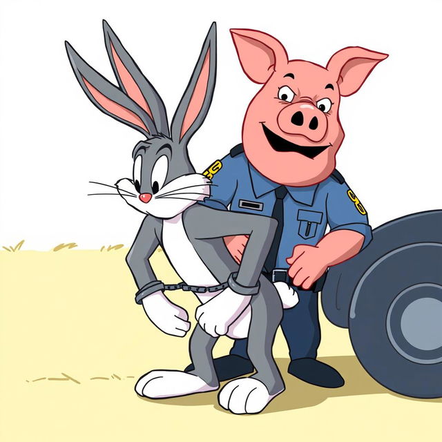 Bugs Bunny, a classic animated character, is bent over a car with his hands behind his back, showcasing a playful and nonchalant demeanor even during the arrest