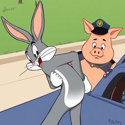 Bugs Bunny, a classic animated character, is bent over a car with his hands behind his back, showcasing a playful and nonchalant demeanor even during the arrest