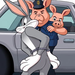 Bugs Bunny, a classic animated character, is bent over a car with his hands behind his back, showcasing a playful and nonchalant demeanor even during the arrest