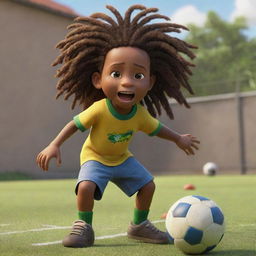 A Pixar-style animation of a two-year-old Jamaican Rasta boy, with vibrant dreadlocks, playing football energetically