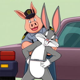 Bugs Bunny, a classic animated character, is bent over a car with his hands behind his back, showcasing a playful and nonchalant demeanor even during the arrest