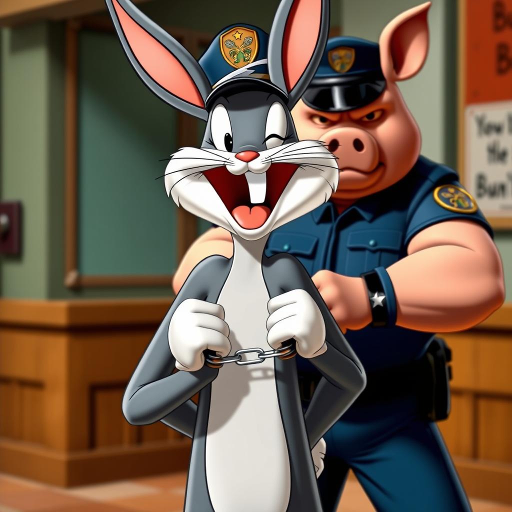 Bugs Bunny, the classic animated character, is facing the camera with a wide, cheerful laugh, his hands placed casually behind his back