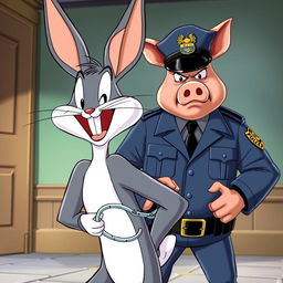 Bugs Bunny, the classic animated character, is facing the camera with a wide, cheerful laugh, his hands placed casually behind his back