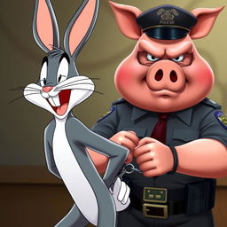 Bugs Bunny, the classic animated character, is facing the camera with a wide, cheerful laugh, his hands placed casually behind his back