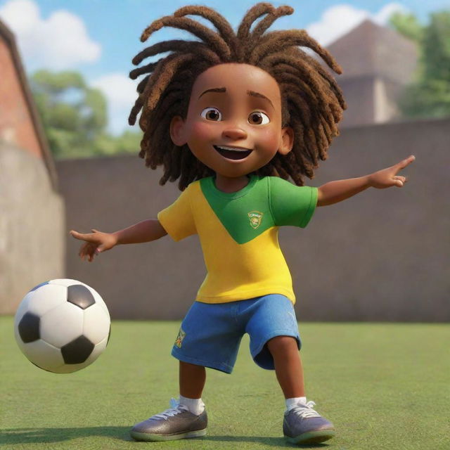 A Pixar-style animation of a two-year-old Jamaican Rasta boy, with vibrant dreadlocks, playing football energetically