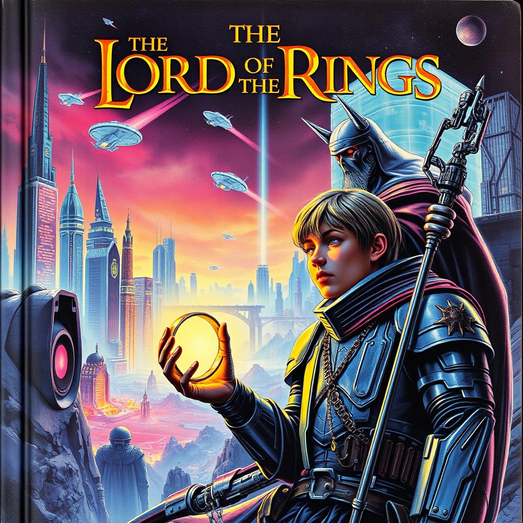 A 1980s sci-fi style book cover for 'The Lord of the Rings', featuring a futuristic reimagining of Middle-earth