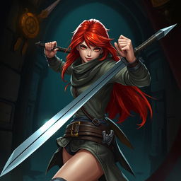 A redhead rogue thief, agile and cunning, wielding a sleek sword with skill