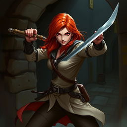 A redhead rogue thief, agile and cunning, wielding a sleek sword with skill