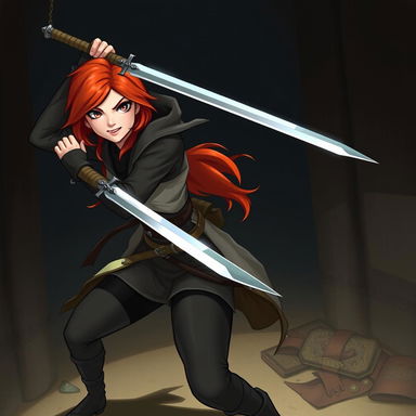 A redhead rogue thief, agile and cunning, wielding a sleek sword with skill