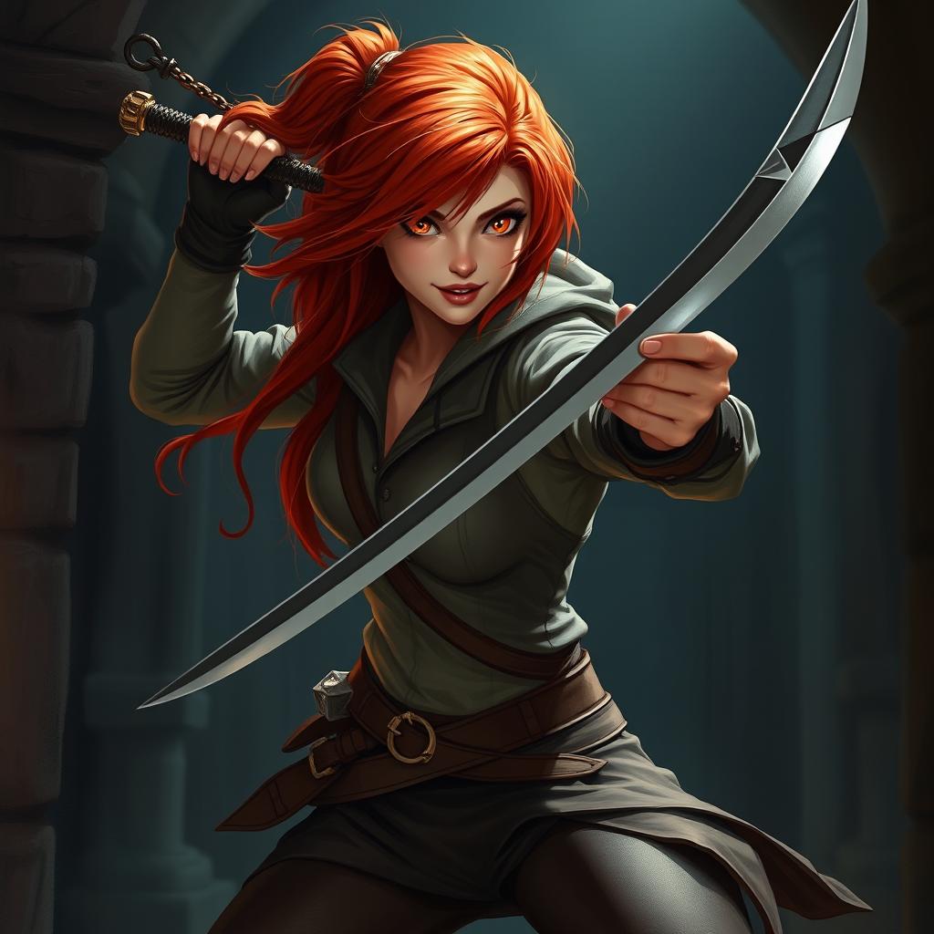 A redhead rogue thief, agile and cunning, wielding a sleek sword with skill