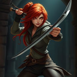 A redhead rogue thief, agile and cunning, wielding a sleek sword with skill