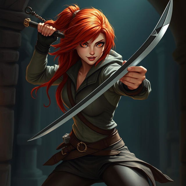 A redhead rogue thief, agile and cunning, wielding a sleek sword with skill