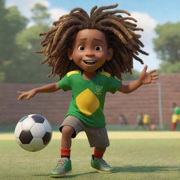 A Pixar-style animation of a two-year-old Jamaican Rasta boy, with vibrant dreadlocks, playing football energetically