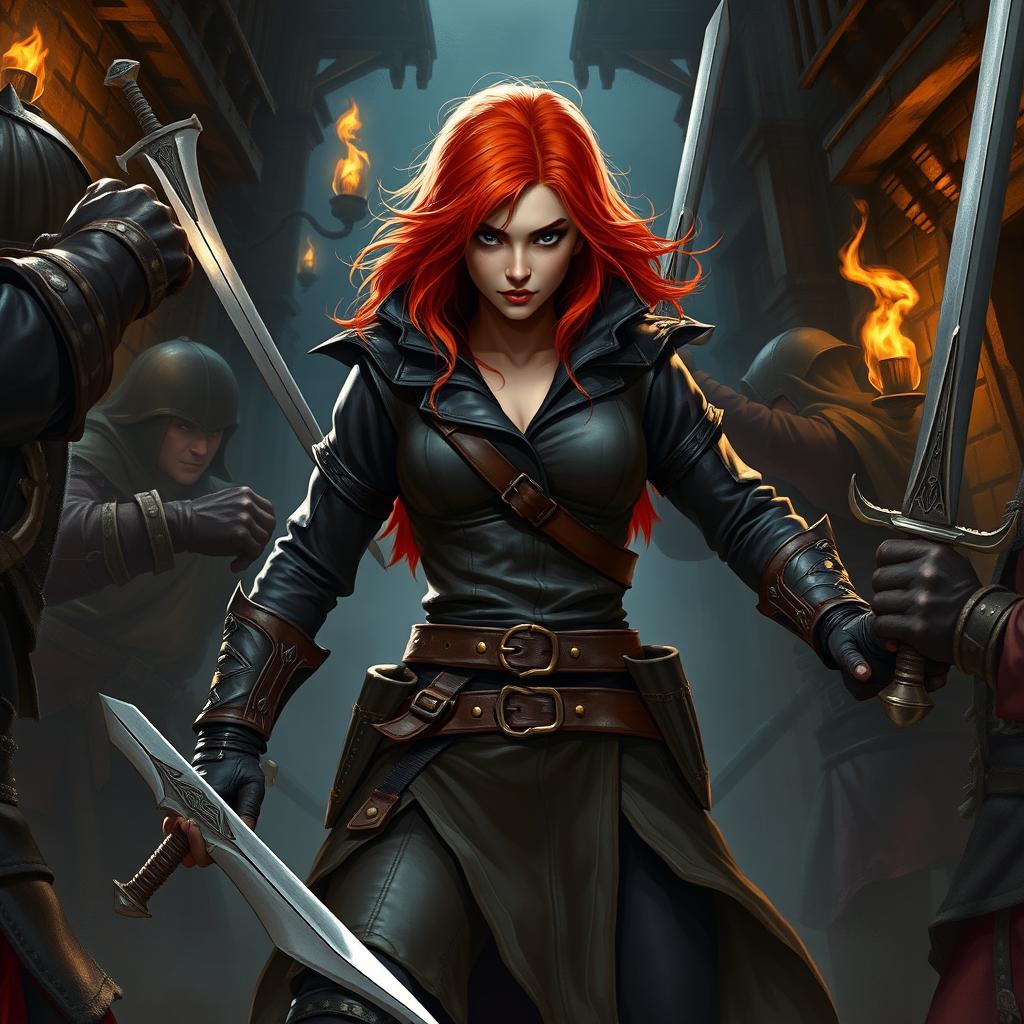 A daring redhead rogue, a master thief, depicted in a dynamic scene with menacing sword-bearing men surrounding her