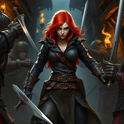 A daring redhead rogue, a master thief, depicted in a dynamic scene with menacing sword-bearing men surrounding her