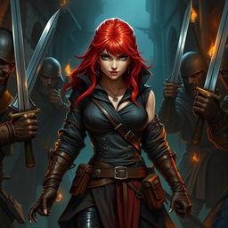 A daring redhead rogue, a master thief, depicted in a dynamic scene with menacing sword-bearing men surrounding her