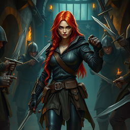 A daring redhead rogue, a master thief, depicted in a dynamic scene with menacing sword-bearing men surrounding her