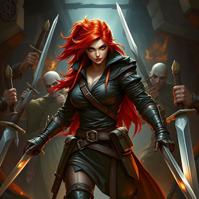 A daring redhead rogue, a master thief, depicted in a dynamic scene with menacing sword-bearing men surrounding her