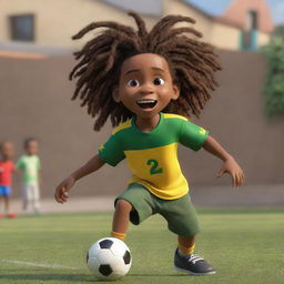 A Pixar-style animation of a two-year-old Jamaican Rasta boy, with vibrant dreadlocks, playing football energetically