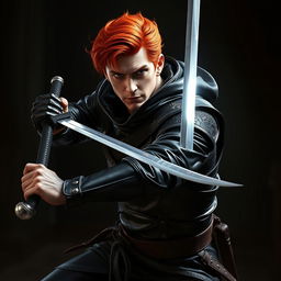 A handsome redhead rogue man thief wielding a gleaming sword, dressed in sleek black leather armor with intricate detailing, poised in a dynamic stance suggesting agility and stealth