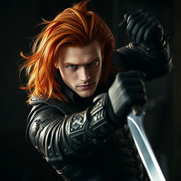 A handsome redhead rogue man thief wielding a gleaming sword, dressed in sleek black leather armor with intricate detailing, poised in a dynamic stance suggesting agility and stealth