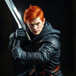 A handsome redhead rogue man thief wielding a gleaming sword, dressed in sleek black leather armor with intricate detailing, poised in a dynamic stance suggesting agility and stealth