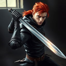 A handsome redhead rogue man thief wielding a gleaming sword, dressed in sleek black leather armor with intricate detailing, poised in a dynamic stance suggesting agility and stealth