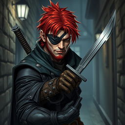 a charismatic rogue redhead thief with a rugged appearance, wearing an eye patch over one eye, and skillfully wielding a sharp sword