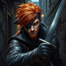 a charismatic rogue redhead thief with a rugged appearance, wearing an eye patch over one eye, and skillfully wielding a sharp sword