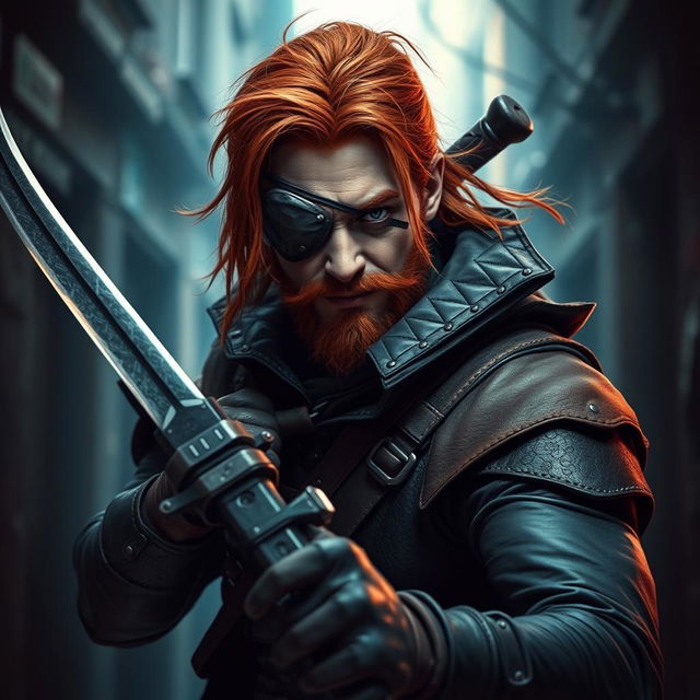 a charismatic rogue redhead thief with a rugged appearance, wearing an eye patch over one eye, and skillfully wielding a sharp sword