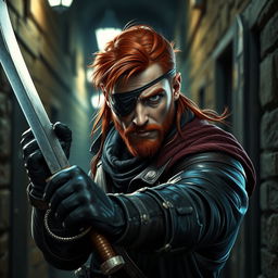 a charismatic rogue redhead thief with a rugged appearance, wearing an eye patch over one eye, and skillfully wielding a sharp sword