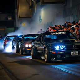 intense illegal street racing scene at night, showcasing a line-up of modified cars with neon underglow lights, a crowd of diverse spectators cheering enthusiastically, graffiti-covered urban backdrop, smoke and tire marks on the road, adrenaline-fueled atmosphere