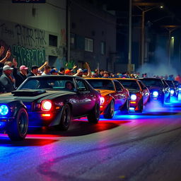 intense illegal street racing scene at night, showcasing a line-up of modified cars with neon underglow lights, a crowd of diverse spectators cheering enthusiastically, graffiti-covered urban backdrop, smoke and tire marks on the road, adrenaline-fueled atmosphere