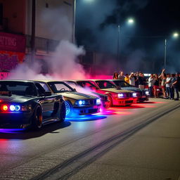 intense illegal street racing scene at night, showcasing a line-up of modified cars with neon underglow lights, a crowd of diverse spectators cheering enthusiastically, graffiti-covered urban backdrop, smoke and tire marks on the road, adrenaline-fueled atmosphere