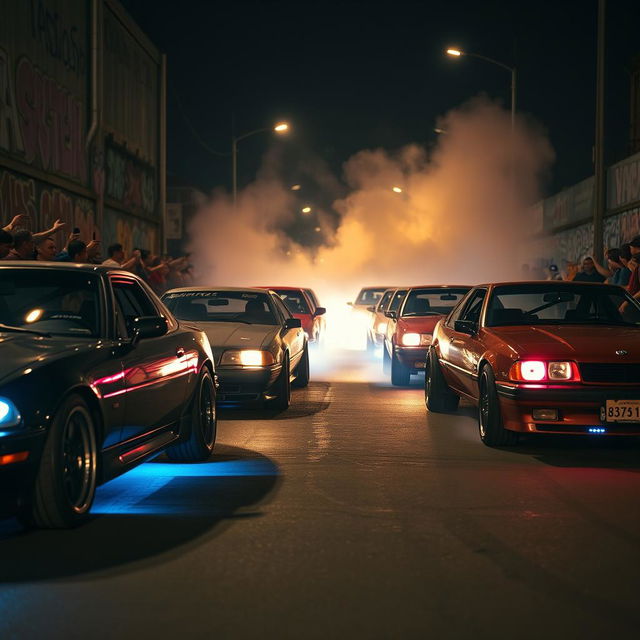 intense illegal street racing scene at night, showcasing a line-up of modified cars with neon underglow lights, a crowd of diverse spectators cheering enthusiastically, graffiti-covered urban backdrop, smoke and tire marks on the road, adrenaline-fueled atmosphere