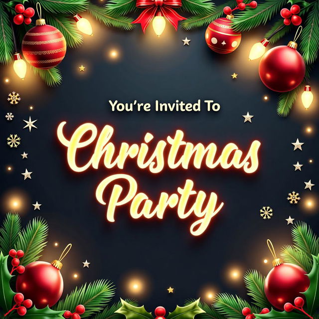 HD Christmas party invitation featuring festive design elements like twinkling lights, snowflakes, and holly