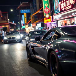 A nighttime street racing scene set in the vibrant streets of Thailand