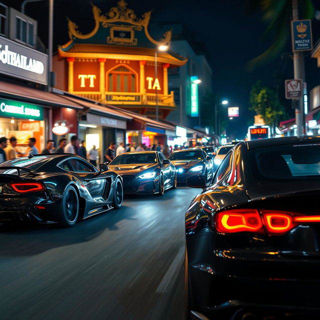 A nighttime street racing scene set in the vibrant streets of Thailand