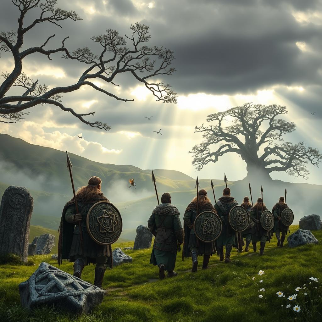 A mythical scene from Celtic mythology depicting the legendary Tuatha Dé Danann arriving in ancient Ireland