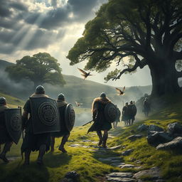 A mythical scene from Celtic mythology depicting the legendary Tuatha Dé Danann arriving in ancient Ireland