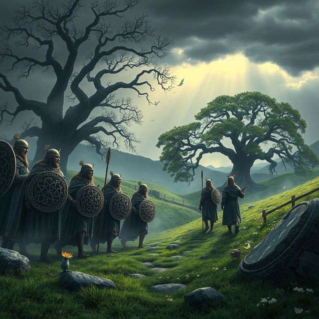 A mythical scene from Celtic mythology depicting the legendary Tuatha Dé Danann arriving in ancient Ireland