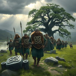 A mythical scene from Celtic mythology depicting the legendary Tuatha Dé Danann arriving in ancient Ireland