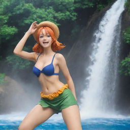 Nami from One Piece standing in a playful pose with the backdrop of cascading water.