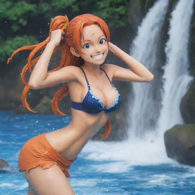 Nami from One Piece standing in a playful pose with the backdrop of cascading water.