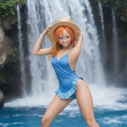 Nami from One Piece standing in a playful pose with the backdrop of cascading water.