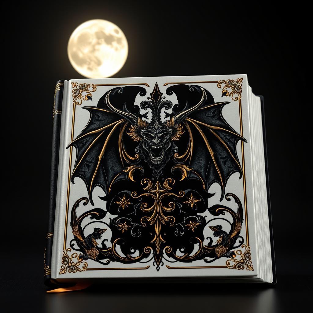 A book cover designed with the elegance of a bible, focusing on a color palette of black, white, and gold