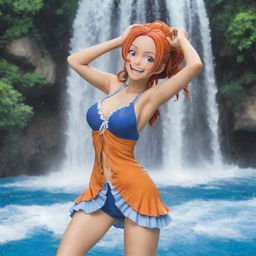 Nami from One Piece standing in a playful pose with the backdrop of cascading water.