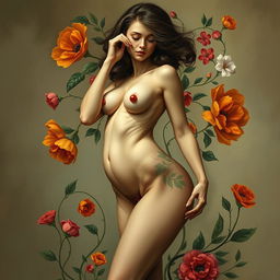 A tasteful and artistic representation of a nude woman in an abstract style, focusing on her sensuous curves and form, with a focus on vibrant and luscious elements symbolizing fertility and vitality